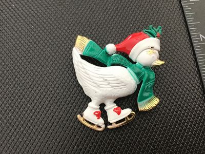 Vintage Christmas Ice Skating Goose Brooch Pin
