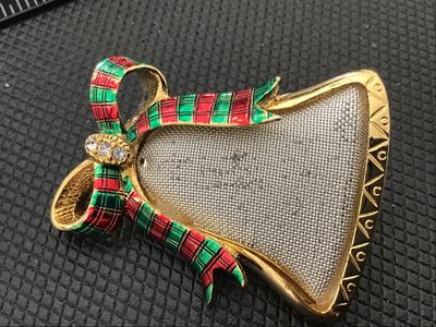 Vintage Christmas Bell Brooch with Plaid Bow and Rhinestones