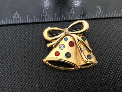 Vintage Gold-Tone Christmas Bells Brooch Pin with Rhinestones