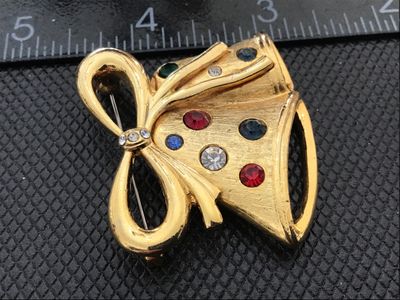 Vintage Gold-Tone Christmas Bells Brooch Pin with Rhinestones