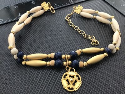 Double Strand Beaded Choker Necklace with Gold Tone Pendant
