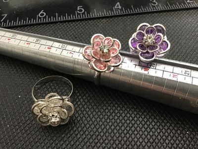 Set of 3 Crystal Rhinestone Flower Rings - Pink, Purple, Clear