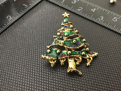 Vintage Gold Tone Christmas Tree Brooch Pin with Rhinestones and Dangles