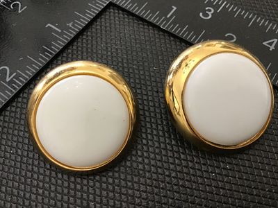Vintage Gold Tone & White Glass Round Pierced Earrings