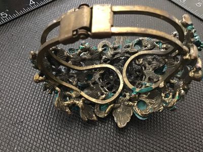 Vintage Brass Tone Floral Rhinestone and Faux Turquoise Hinge Cuff Bracelet