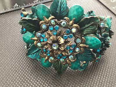 Vintage Brass Tone Floral Rhinestone and Faux Turquoise Hinge Cuff Bracelet