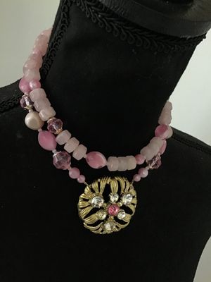 Lara Noel Hill Pink Beaded Double Strand Statement Necklace with Brooch Centerpiece