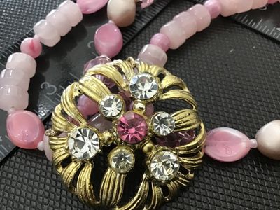 Lara Noel Hill Pink Beaded Double Strand Statement Necklace with Brooch Centerpiece
