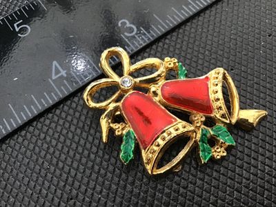 Vintage Gold Tone Enamel Christmas Bells Pin Brooch