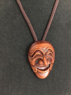 Carved Wood Hahoe Mask Pendant Necklace with Cord