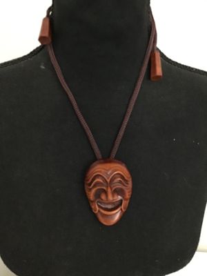 Carved Wood Hahoe Mask Pendant Necklace with Cord