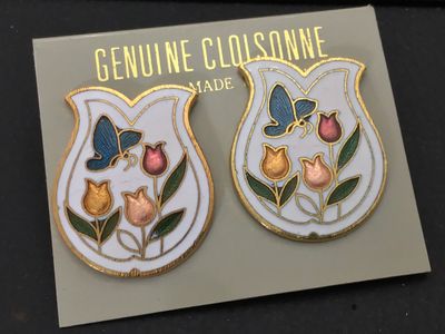 Vintage Genuine Cloisonne Butterfly and Tulip Pierced Earrings
