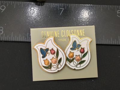 Vintage Genuine Cloisonne Butterfly and Tulip Pierced Earrings