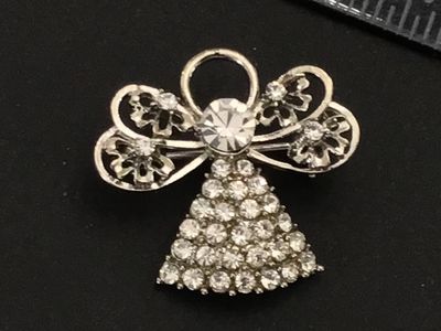 Vintage Silver-Tone Rhinestone Angel Brooch Pin