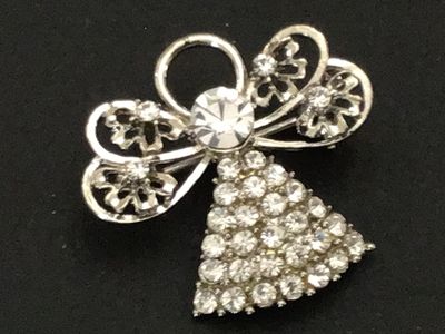 Vintage Silver-Tone Rhinestone Angel Brooch Pin