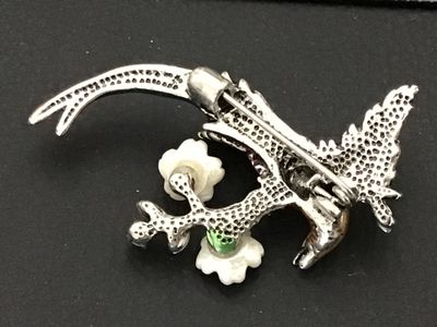 Enameled Bird & Floral Branch Brooch Pin with Rhinestone Accents