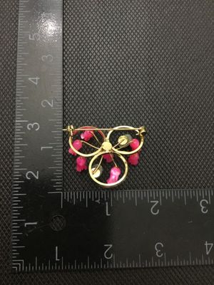 Vintage Gold Tone Floral Brooch with Pink Flower & Green Stone Accents