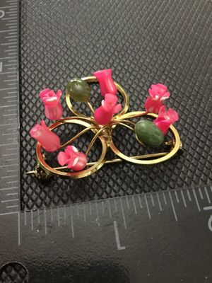 Vintage Gold Tone Floral Brooch with Pink Flower & Green Stone Accents