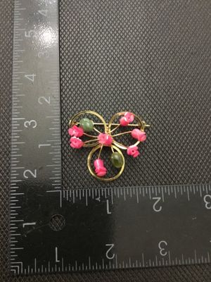 Vintage Gold Tone Floral Brooch with Pink Flower & Green Stone Accents