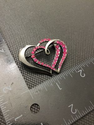 Silver-Tone Pink Rhinestone Double Heart Brooch Pin