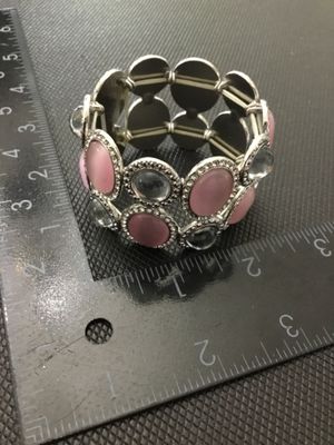 Silver-Tone Stretch Bracelet with Pink Cabochons and Rhinestone Accents