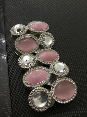 Silver-Tone Stretch Bracelet with Pink Cabochons and Rhinestone Accents
