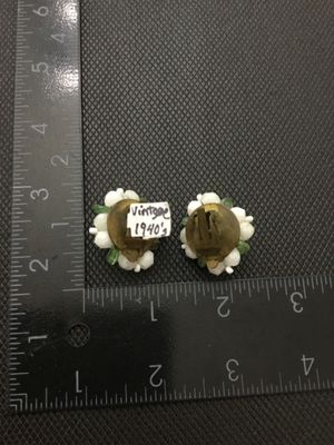 Vintage West Germany White & Green Beaded Floral Clip-On Earrings
