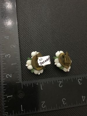 Vintage West Germany White & Green Beaded Floral Clip-On Earrings