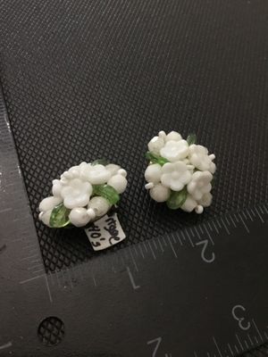 Vintage West Germany White & Green Beaded Floral Clip-On Earrings