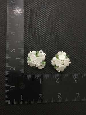 Vintage West Germany White & Green Beaded Floral Clip-On Earrings