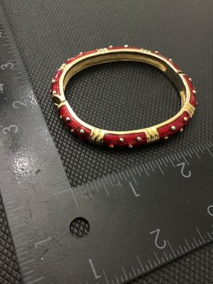 Red Enamel and Gold Tone Hinged Bangle Bracelet