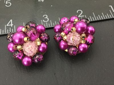 Vintage Purple Beaded Cluster Clip-On Earrings Marked Hong Kong