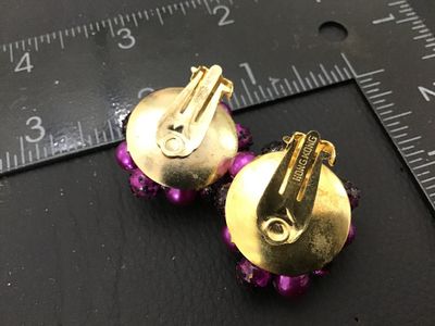 Vintage Purple Beaded Cluster Clip-On Earrings Marked Hong Kong