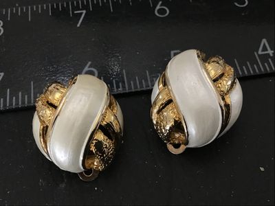 Vintage Gold Tone and White Enamel Clip-On Earrings