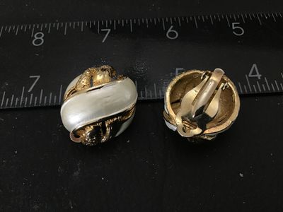 Vintage Gold Tone and White Enamel Clip-On Earrings