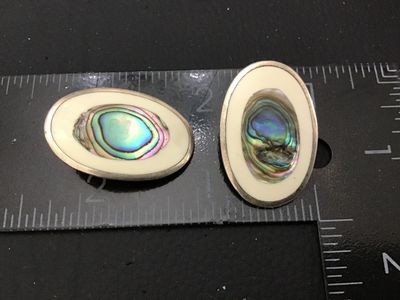 Vintage Mexican Alpaca Silver Abalone & Inlay Oval Clip-On Earrings