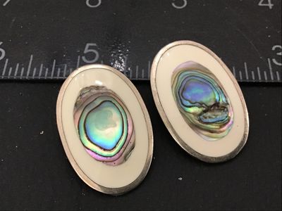 Vintage Mexican Alpaca Silver Abalone & Inlay Oval Clip-On Earrings
