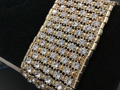 Gold-Tone Rhinestone Wide Stretch Cuff Bracelet