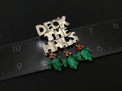 Vintage Christmas Deck The Halls Brooch Pin with Dangle Holly Leaves
