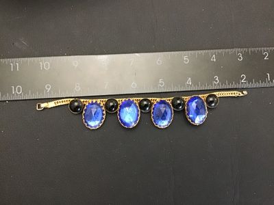 Vintage Gold Tone Snake Chain Bracelet Blue and Black Cabochon Glass Stones