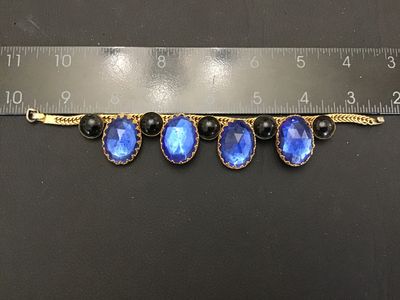 Vintage Gold Tone Snake Chain Bracelet Blue and Black Cabochon Glass Stones
