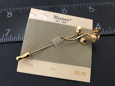 Monet Gold-Tone Rose Stick Pin Brooch with Original Card