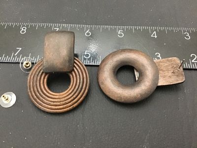 Vintage Carved Wooden Geometric Drop Pierced Earrings