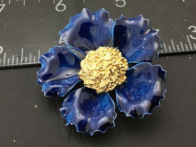 Vintage Blue Enamel Flower Brooch Pin with Gold Tone Center