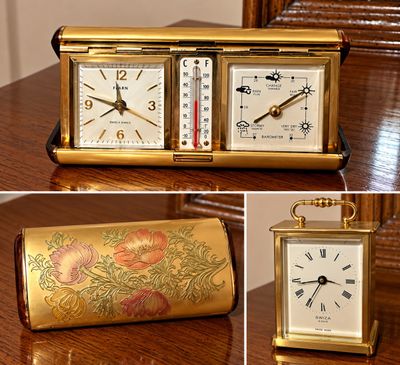 Sale Photo Thumbnail #25: Vintage Swiss brass folding travel desk weather station clock with embossed floral case, shown open and closed alongside a Swiza brass carriage clock.