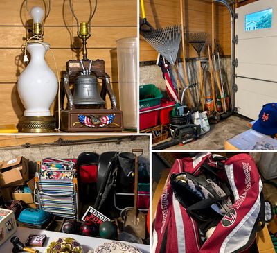 Sale Photo Thumbnail #38: Collage featuring vintage lamps, including a Liberty Bell design, along with long-handled garden tools, lawn chairs, and sports gear in a red Louisville Slugger bag.