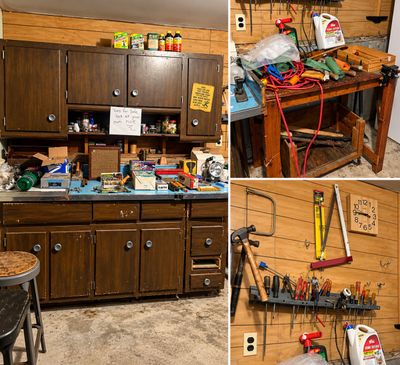 Sale Photo Thumbnail #40: Workshop workbench area featuring vintage cabinets, hand tools, screwdrivers on wall-mounted racks, and various hardware accessories.