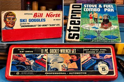 Sale Photo Thumbnail #42: Collection of vintage boxed goods including Bill Norse ski goggles, a Sterno Stove & Fuel Combo Pak, and an 11-piece socket wrench set by Hollywood Accessories, circa 1960s–1970s.