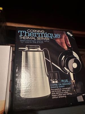 Sale Photo Thumbnail #249: Vintage Corning Thermique thermal server original retail box detailing the coffee on demand brewing system features.
