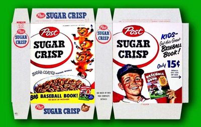 Vintage Post Sugar Crisp cereal box flat from the 1950s, featuring a baseball book promotion and the Sugar Bear mascot.